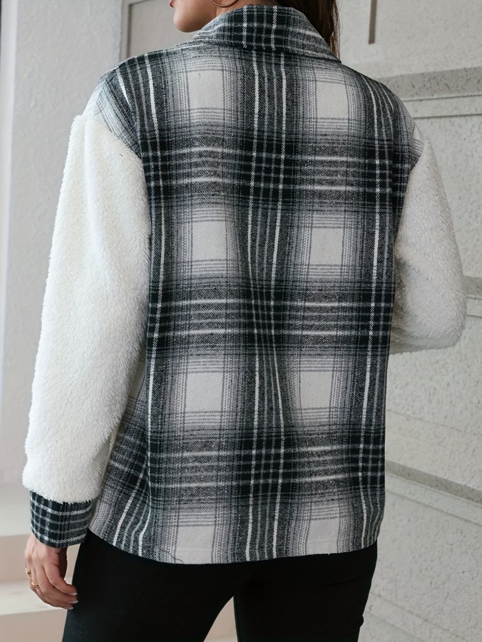 Plaid Splicing Fall & Winter Jacket, Casual Button Front Long Sleeve Outerwear, Women's Clothing