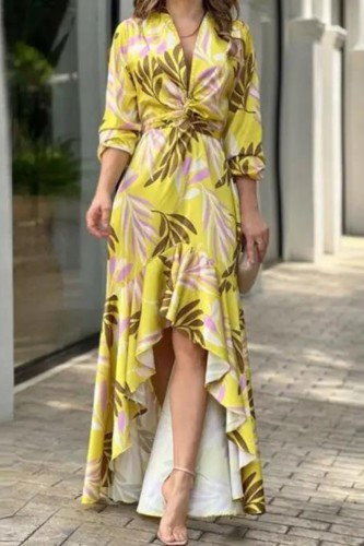 Fashion Plant Print Tie Detail Casual V-Neck Long Sleeve Daily Slit Asymmetrical Dress