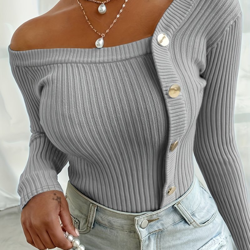 Solid Ribbed One Shoulder T-shirt, Casual Long Sleeve Slim Top For Spring & Fall, Women's Clothing