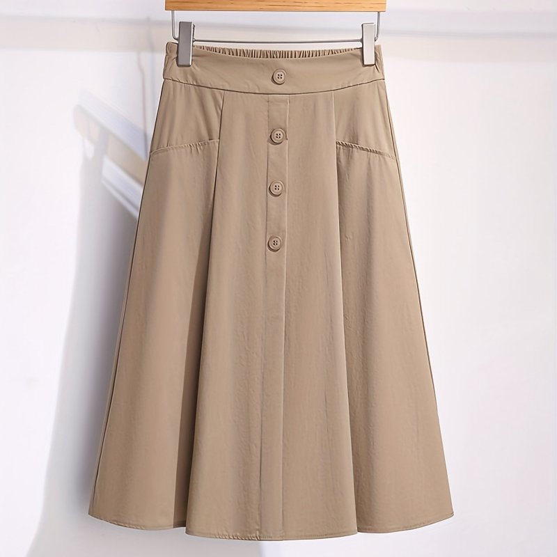 Solid Button Front Midi Skirt, Casual Elastic Waist Simple Pleated Skirt, Women's Clothing
