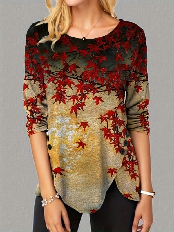 Leaf Print Crew Neck T-Shirt, Casual Long Sleeve Top For Spring & Fall, Women's Clothing