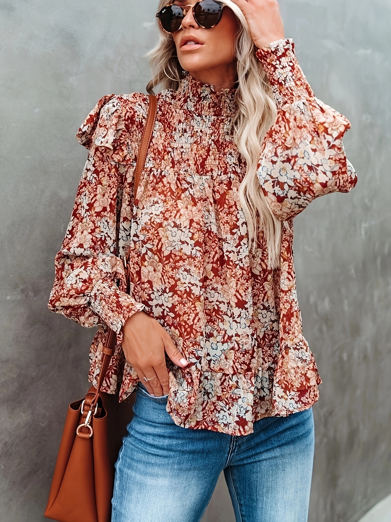 SO ME Floral Cotton Print Ruffled Long Sleeve Blouse