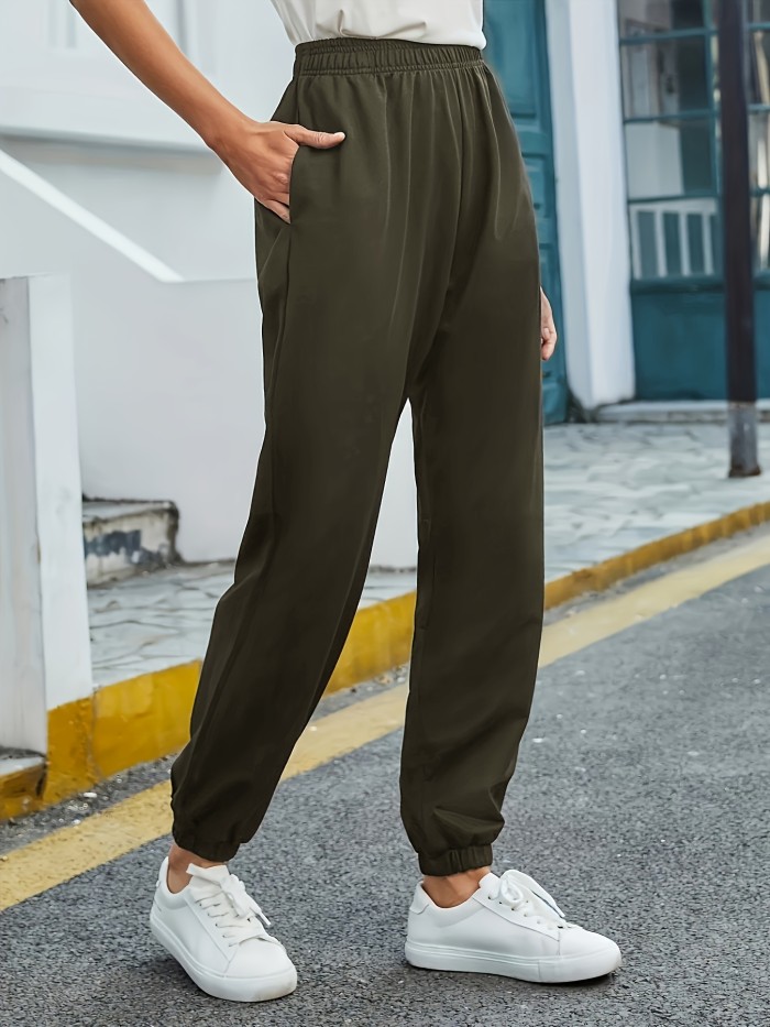 Solid Elastic Sweatpants, Casual High Waist Sweatpants, Casual Every Day Pants, Women's Clothing