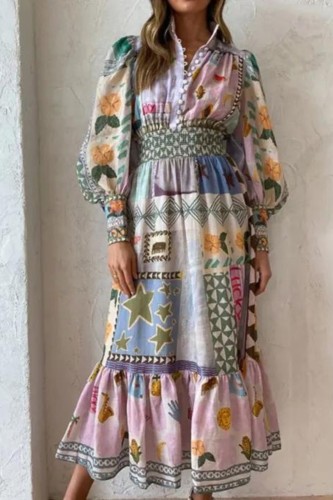 Women's Fashionable Printed Painted Long Sleeve Elegant Casual  Maxi Dress