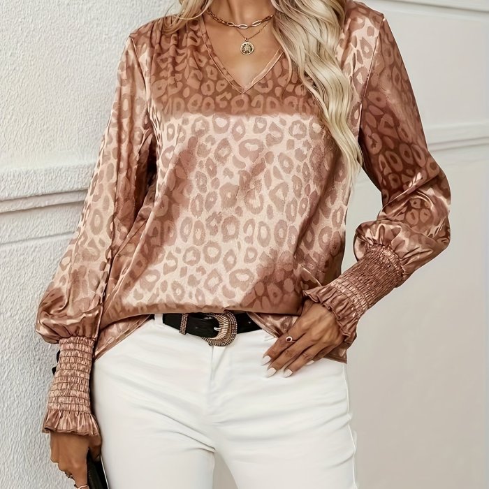 Leopard Pattern V-neck Blouse, Versatile Lantern Sleeve Blouse For Spring & Fall, Women's Clothing