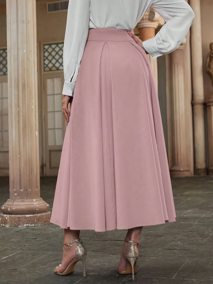 Solid Color Ankle Length Pleated Skirt, Elegant High Waist Skirt For Spring & Fall, Women's Clothing
