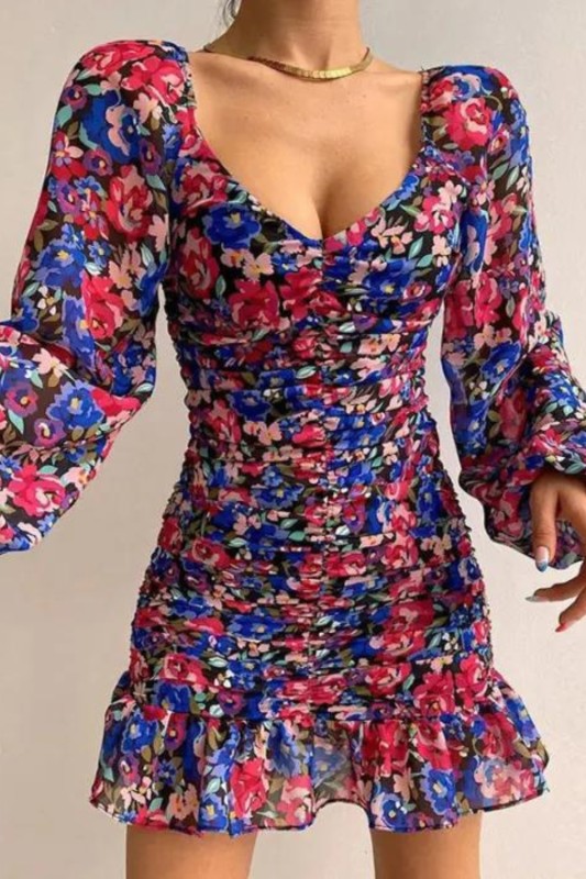 Women's Fashionable and Elegant U-neck Sexy Floral  Mini Dress