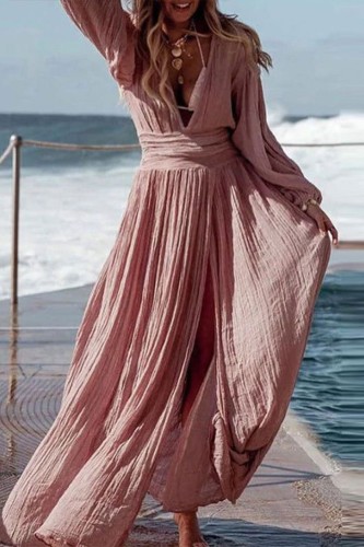 Women's Fashion Solid Color Sexy V-Neck Pleated Elegant Vacation Maxi Dress