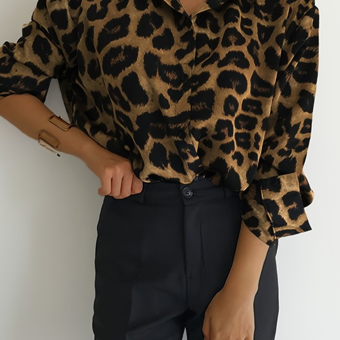 Leopard Print Button Front Shirt, Casual Long Sleeve Shirt For Spring & Fall, Women's Clothing