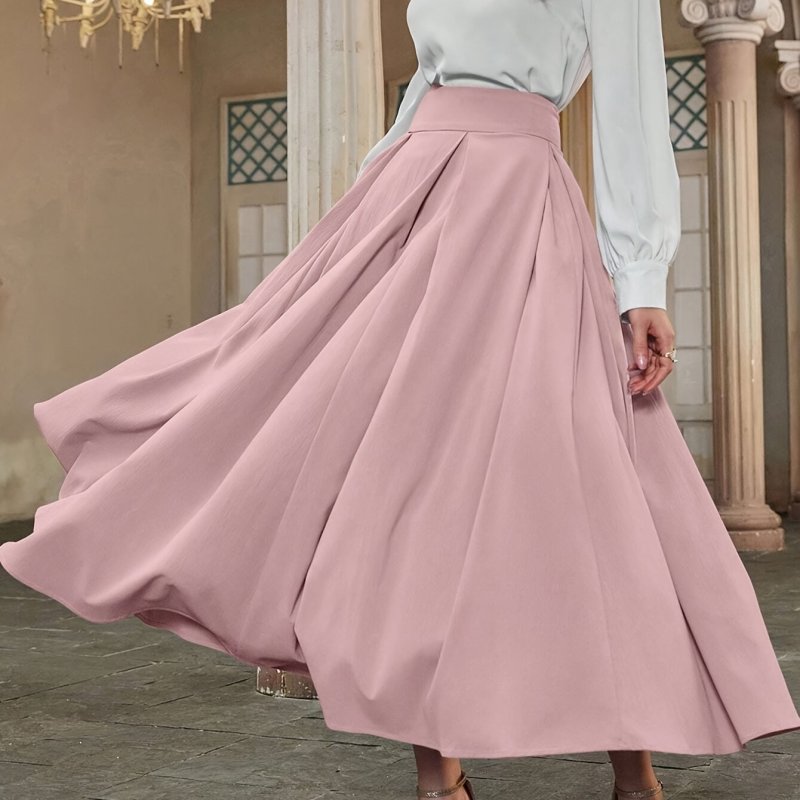 Solid Color Ankle Length Pleated Skirt, Elegant High Waist Skirt For Spring & Fall, Women's Clothing