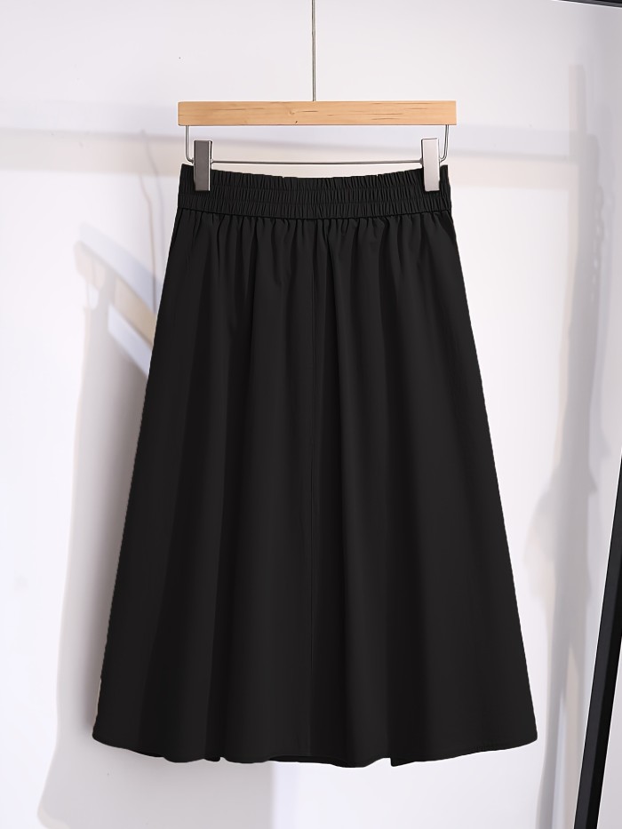 Solid Button Front Midi Skirt, Casual Elastic Waist Simple Pleated Skirt, Women's Clothing