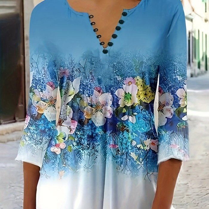 Floral Print Button Front T-Shirt, Casual Three-quarter Sleeve Top For Spring & Fall, Women's Clothing