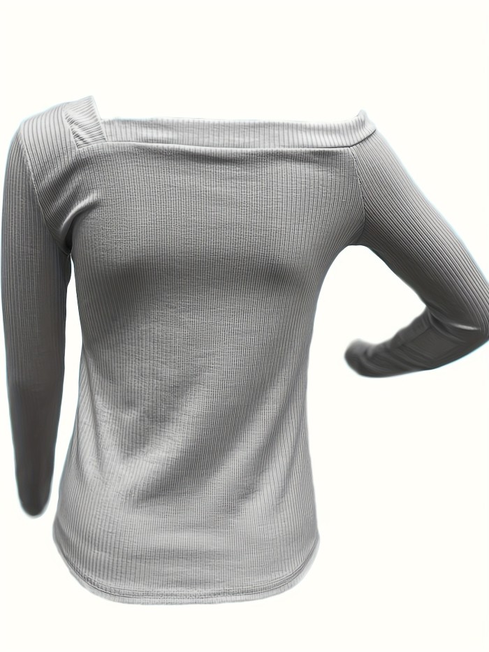 Solid Ribbed One Shoulder T-shirt, Casual Long Sleeve Slim Top For Spring & Fall, Women's Clothing