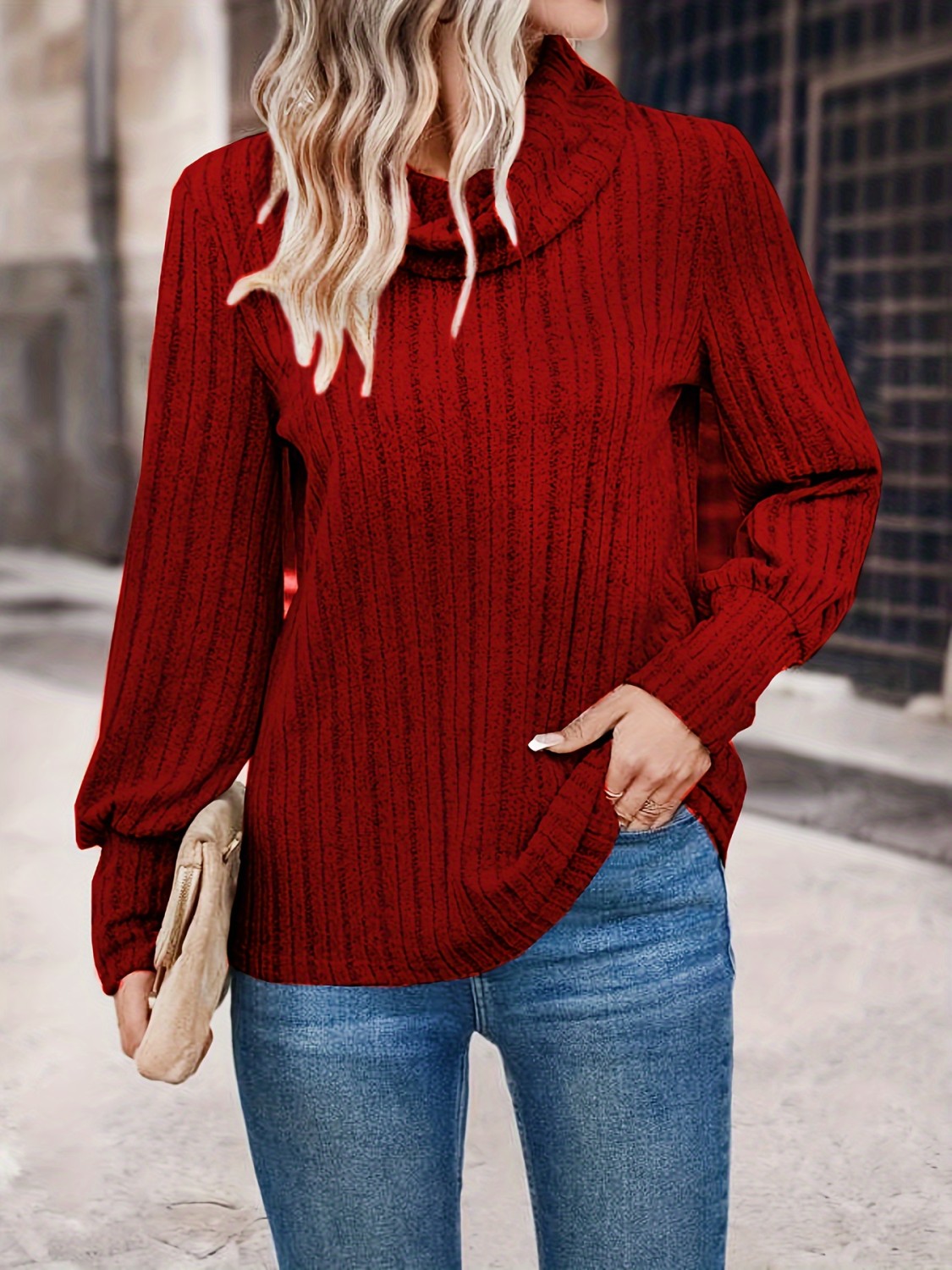 Solid Ribbed Cowl Neck T-shirt, Elegant Long Sleeve Top For Spring ...