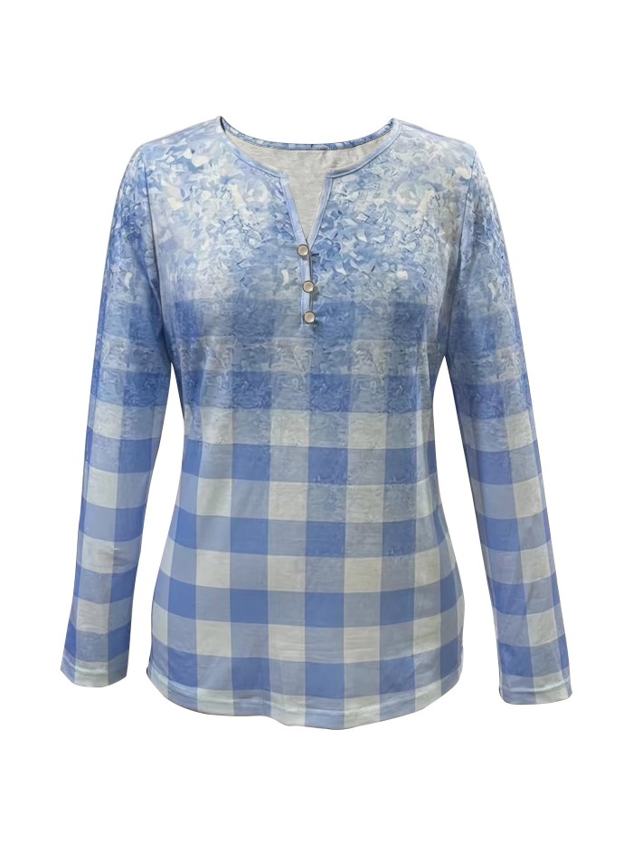 Plaid Print V Neck T-shirt, Casual Long Sleeve Button Decor Top For Spring & Fall, Women's Clothing