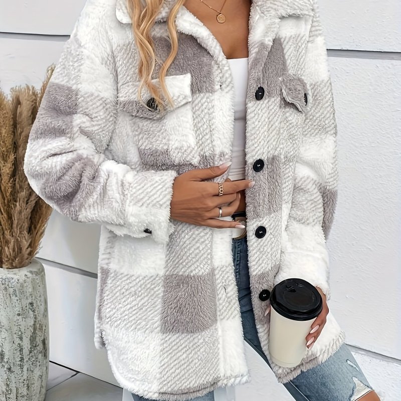 Plaid Fuzzy Fall & Winter Jacket, Casual Button Front Long Sleeve Outerwear, Women's Clothing