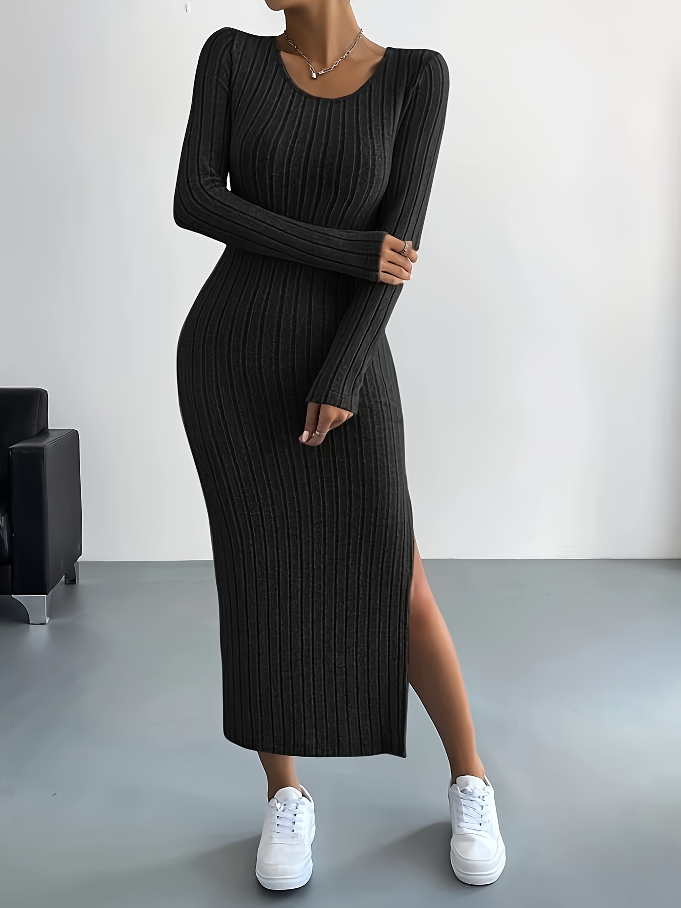 Solid Ribbed Split Dress, Elegant Crew Neck Long Sleeve Dress, Women's ...