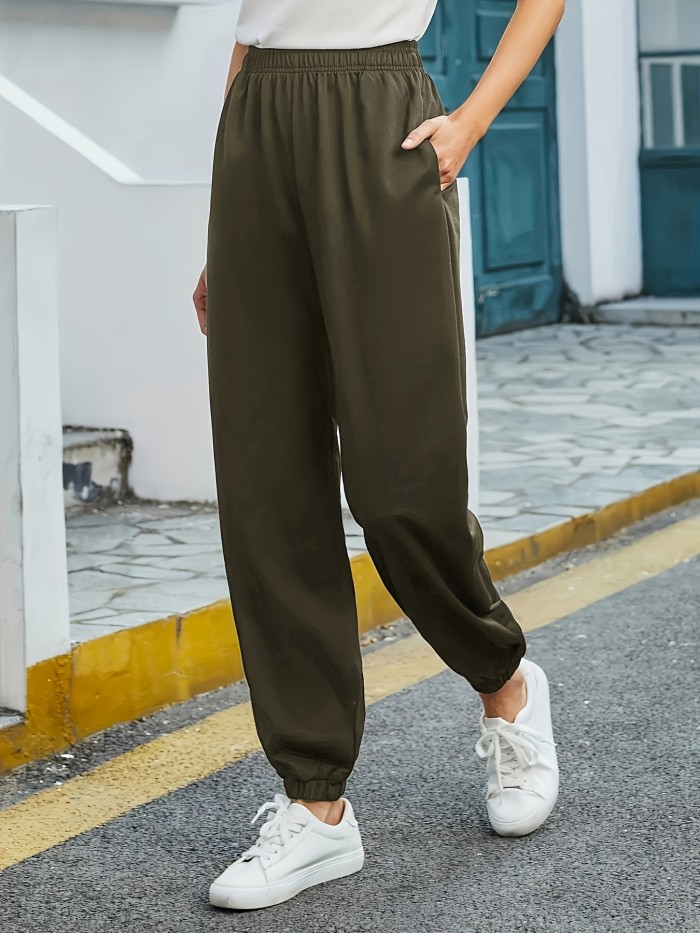 Solid Elastic Sweatpants, Casual High Waist Sweatpants, Casual Every Day Pants, Women's Clothing