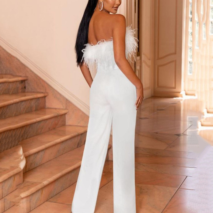 Fashion Feather Tube Top One Shoulder Backless Sexy Party Jumpsuit