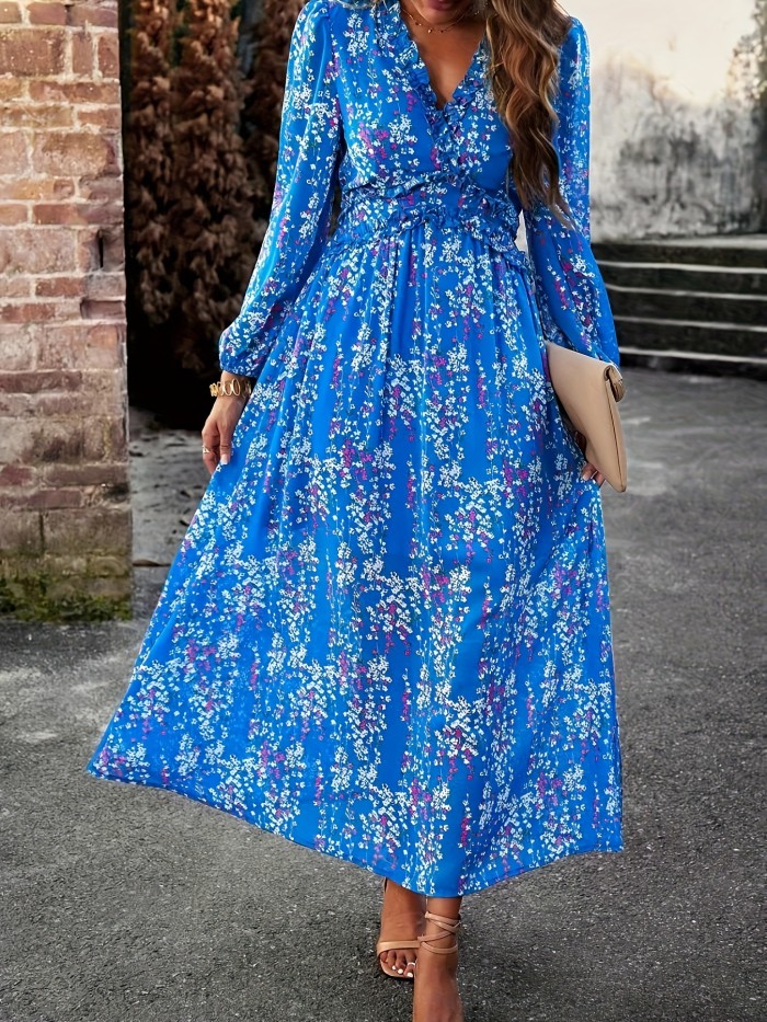 Floral Print Maxi Dress, Casual V Neck Long Sleeve Dress, Women's Clothing