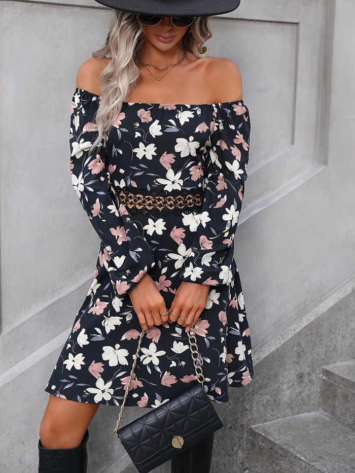 Floral Print Square Neck Dress, Casual Long Sleeve Dress For Spring, Women's Clothing