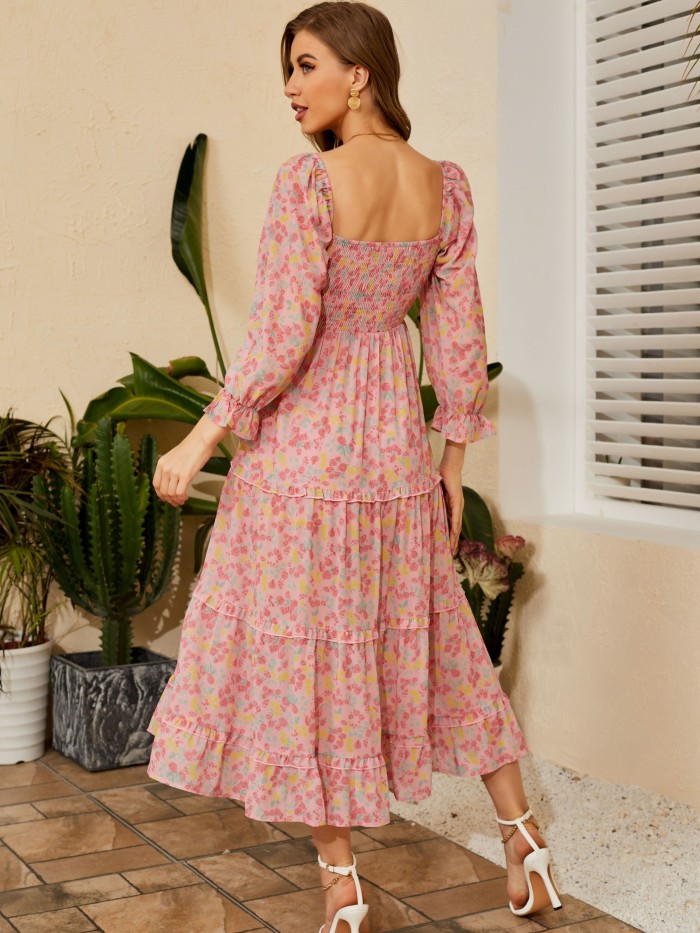 Floral Print Split Shirred Dress, Elegant Squared Neck Long Sleeve Dress, Women's Clothing