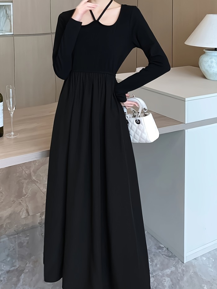 Tie Back Solid Maxi Dress, Casual Long Sleeve High Waist Dress, Women's Clothing
