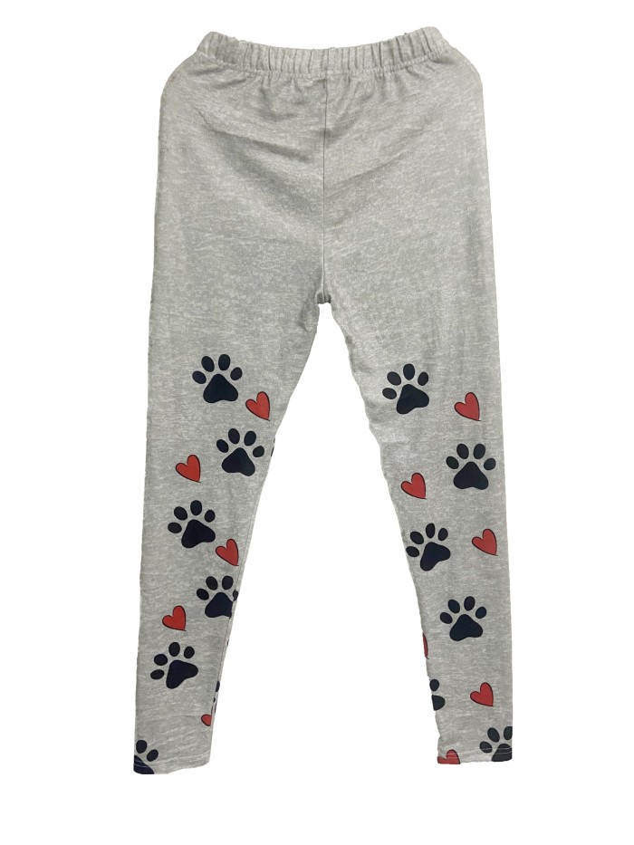 Paw & Heart Print Skinny Leggings, Casual Every Day Stretchy Leggings, Women's Clothing