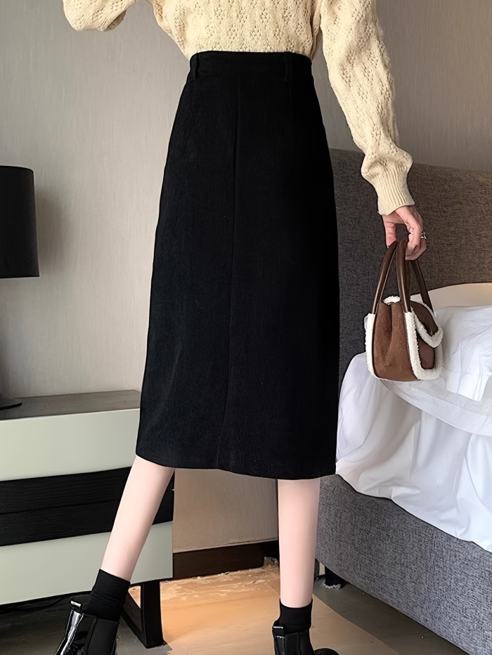 Solid Single Breasted Corduroy Skirt, Versatile Split Skirt For Spring & Fall, Women's Clothing