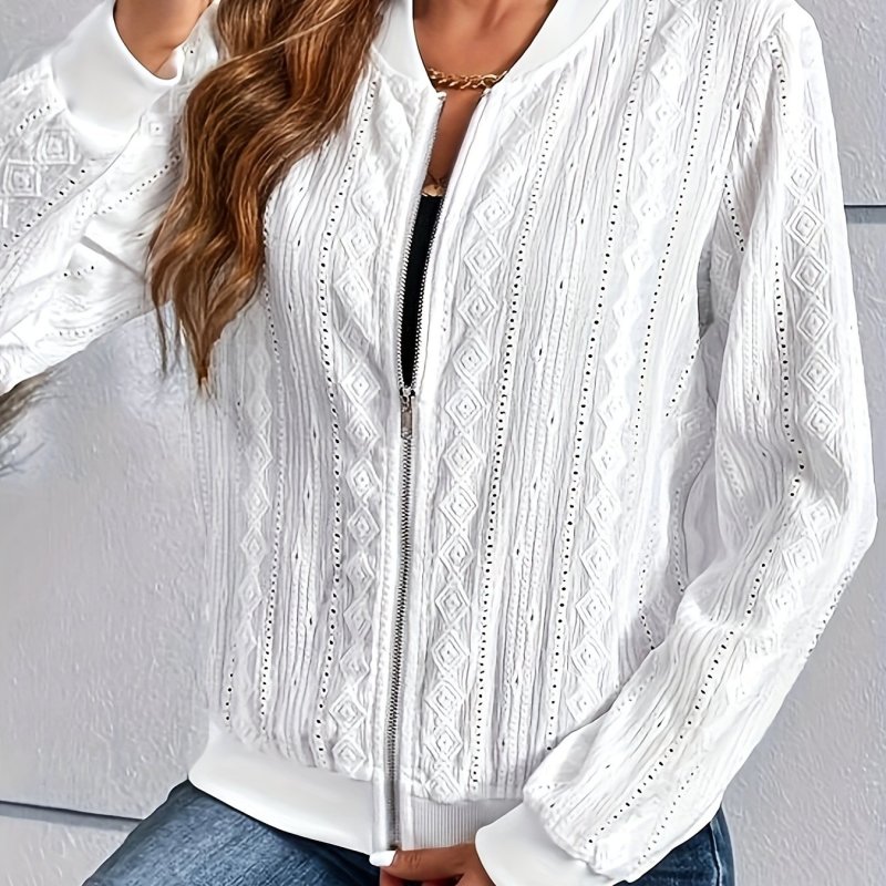 Jacquard Zip Up Bomber Jacket, Casual Long Sleeve Outwear For Spring & Fall, Women's Clothing