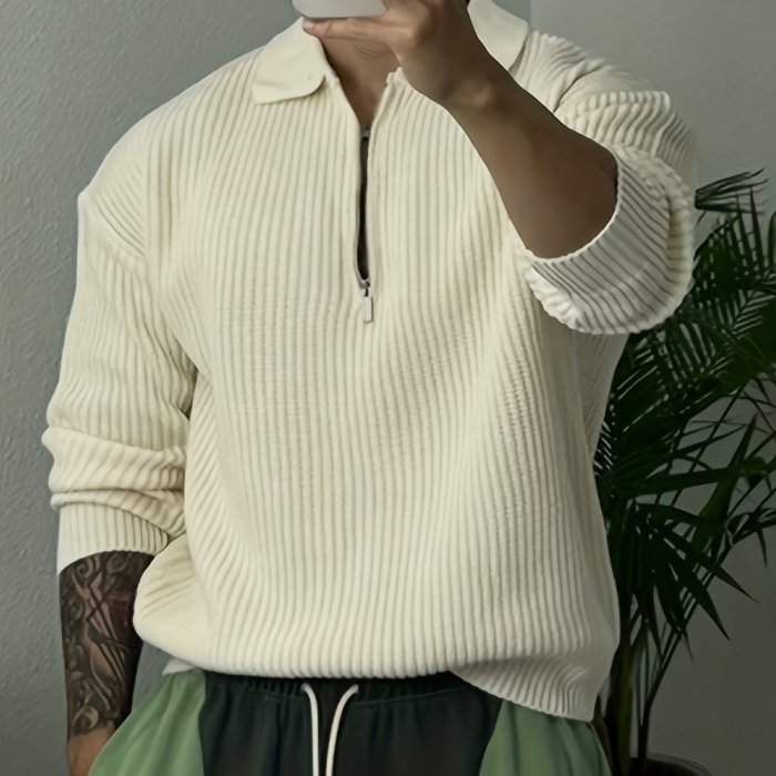 Retro Knitted Cable Sweater, Men's Casual Warm Slightly Stretch LapelPullover Sweater For Men Fall Winter
