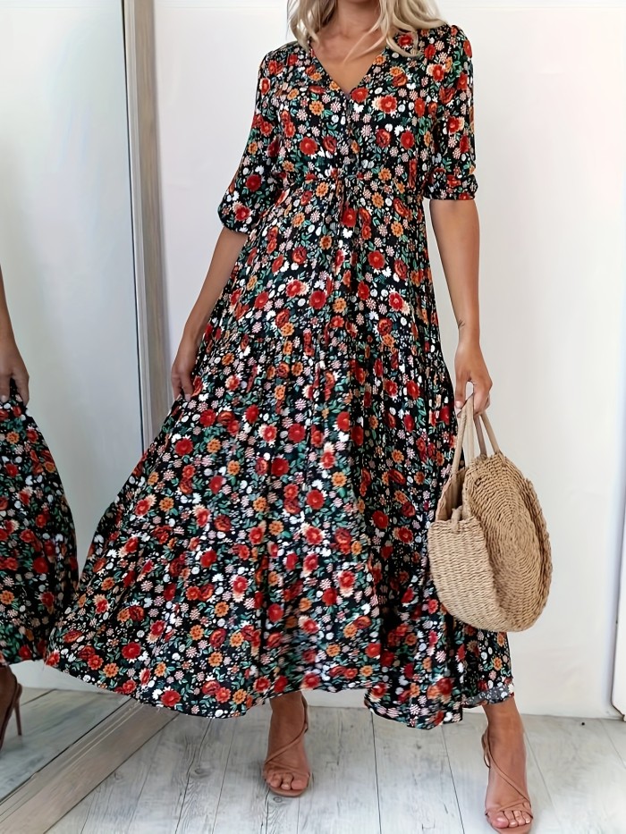 Plus Size Boho Dress, Women's Plus Ditsy Floral Print Long Sleeve V Neck Smock Maxi Dress