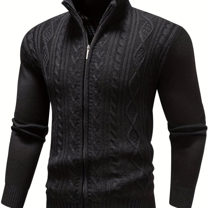 Men's Warm Comfy Knitted Cardigan Jacket, Casual Stand Collar Zip Up Jacket