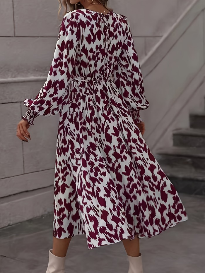 Allover Print Midi Dress, Elegant Crew Neck Long Sleeve Dress, Women's Clothing