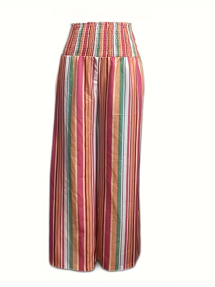 Striped Print Straight Leg Pants, Casual Shirred Loose Pants For Spring & Fall, Women's Clothing