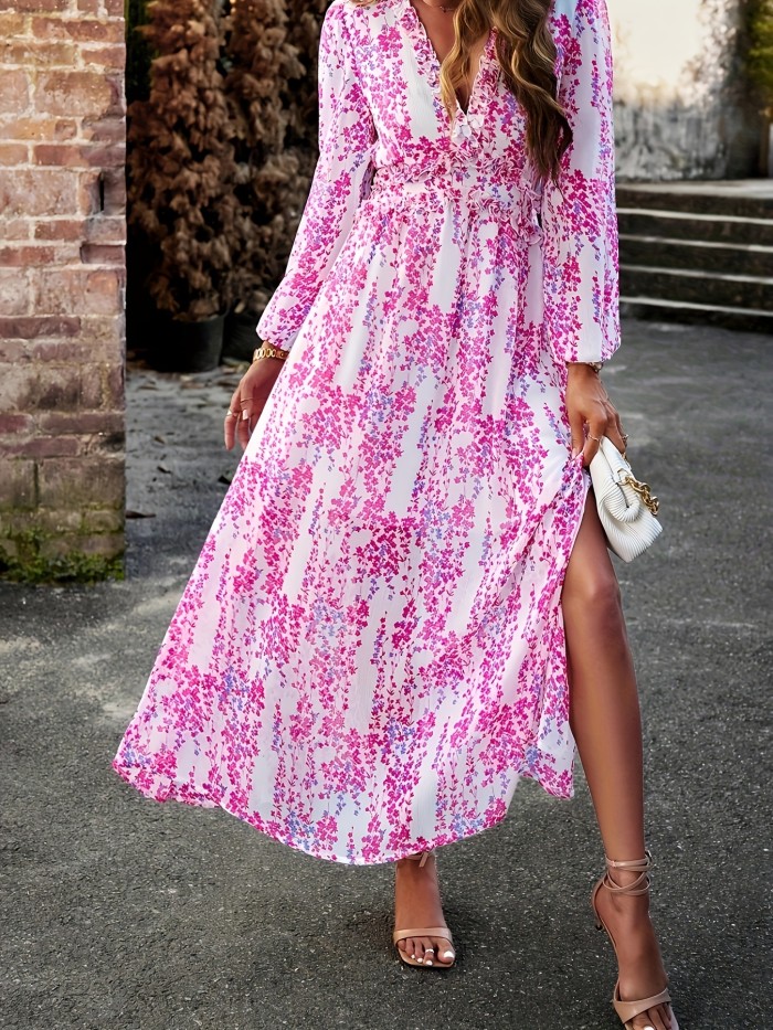 Floral Print Maxi Dress, Casual V Neck Long Sleeve Dress, Women's Clothing
