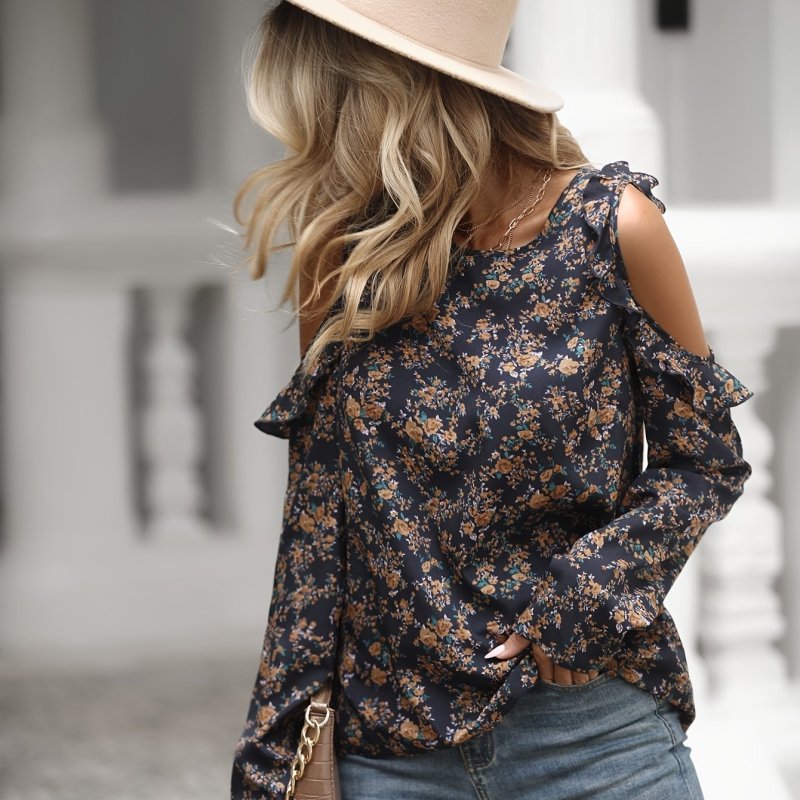 Floral Print Crew Neck Blouse, Casual Cold Shoulder Long Sleeve Blouse For Spring & Fall, Women's Clothing
