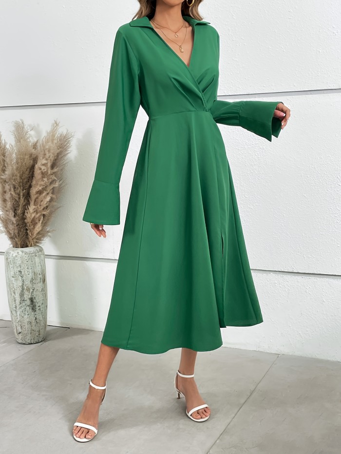 Solid Surplice Neck Dress, Elegant Long Sleeve Dress, Women's Clothing