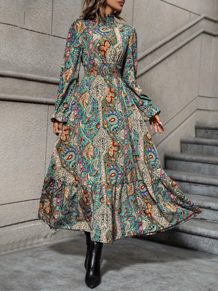Paisley Print Shirred Waist Dress, Boho High Neck Long Sleeve Dress, Women's Clothing