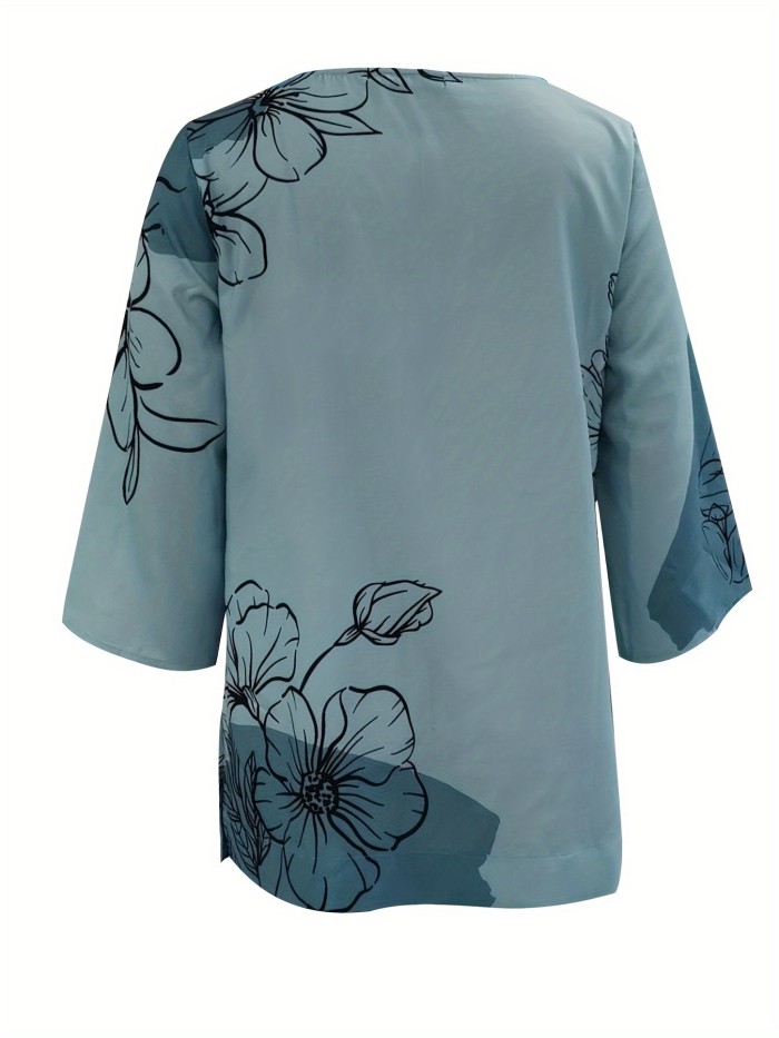 Floral Print Crew Neck Slit T-Shirt, Casual Long Sleeve Top For Spring & Fall, Women's Clothing