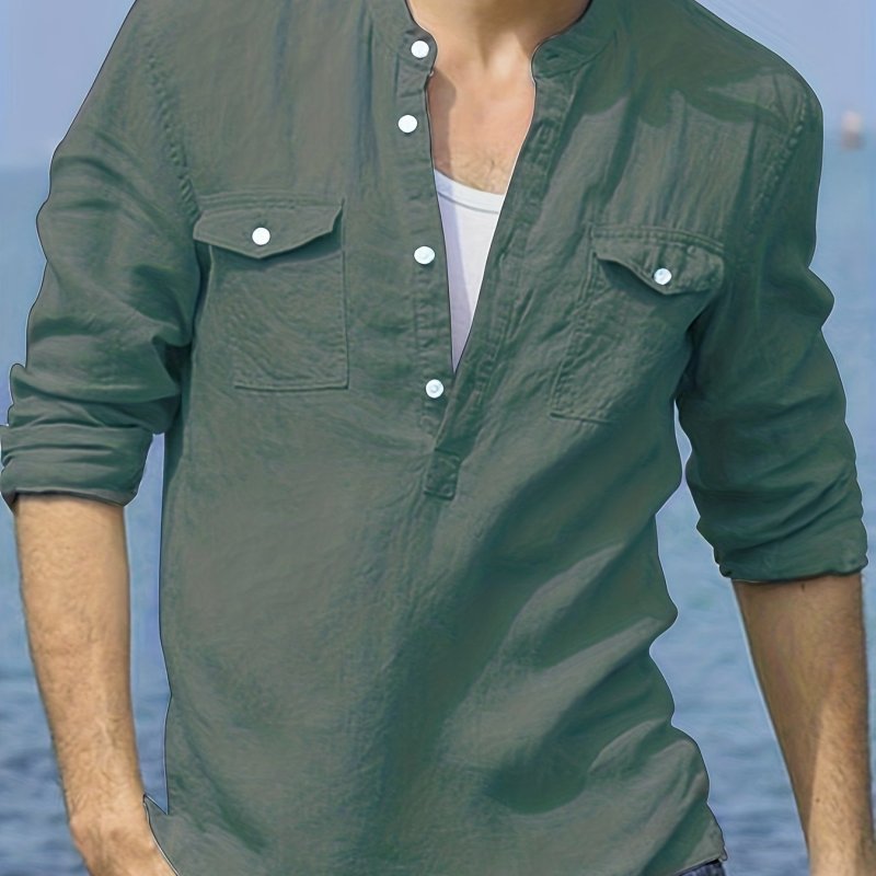 Men's Retro Cotton Long Sleeve Boat Neck Shirt With Pocket Design, Spring Fall Outdoor