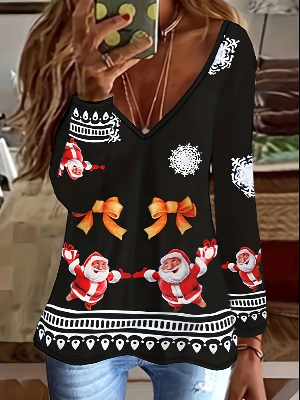 Christmas Santa & Bow Print V Neck T-Shirt, Casual Long Sleeve Top For Spring & Fall, Women's Clothing