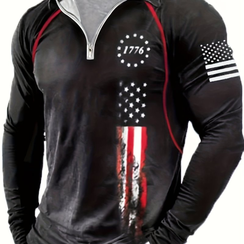 Vintage Distressed American Flag Print Men's Long Sleeve Zipper Shirt, Spring Fall