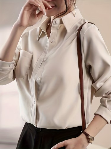 Solid Polo Collar Button Shirt, Casual Pocket Long Sleeve Shirt For Spring & Fall, Women's Clothing
