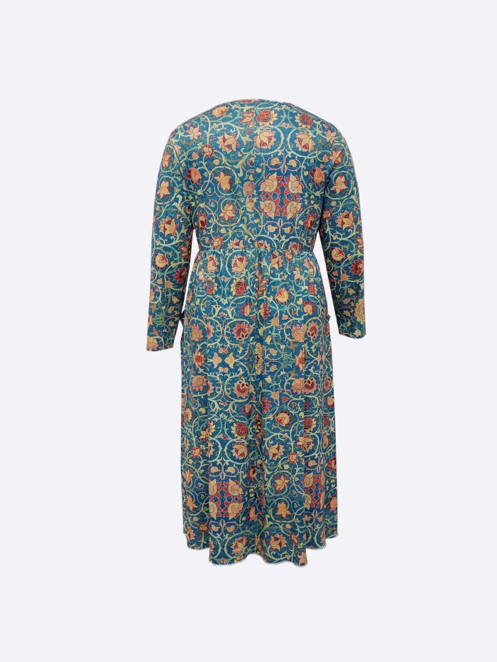 Plus Size Casual Dress, Women's Plus Floral Print Long Sleeve Irregular Neck Dress With Pockets