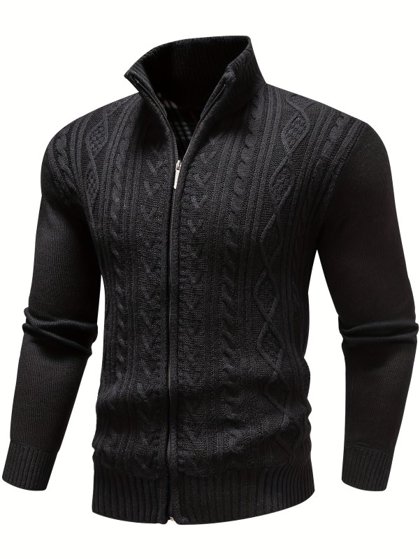 Men's Warm Comfy Knitted Cardigan Jacket, Casual Stand Collar Zip Up Jacket