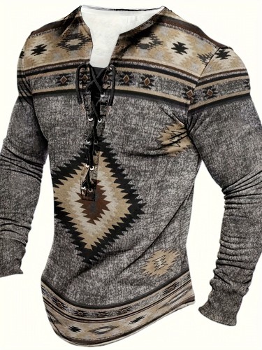 Retro Ethnic Style Pattern Men's Long Sleeve Henley Tee With Drawstring For Spring Fall, Gift For Men