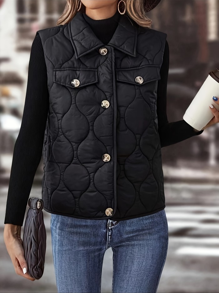 Button Front Solid Fall & Winter Vest, Elegant Sleeveless Comfy Vest, Women's Clothing