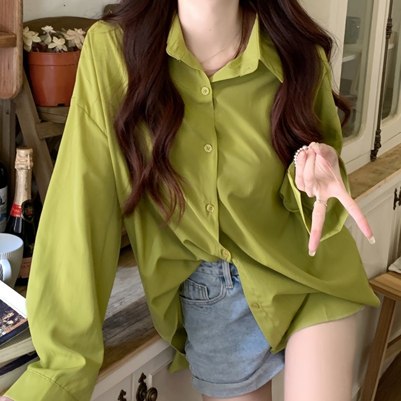 Solid Polo Collar Button Shirt, Casual Long Sleeve Shirt For Spring & Fall, Women's Clothing