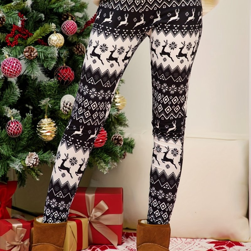 Plus Size Christmas Leggings, Women's Plus Reindeer & Argyle Print Elastic High Rise Slight Stretch Leggings